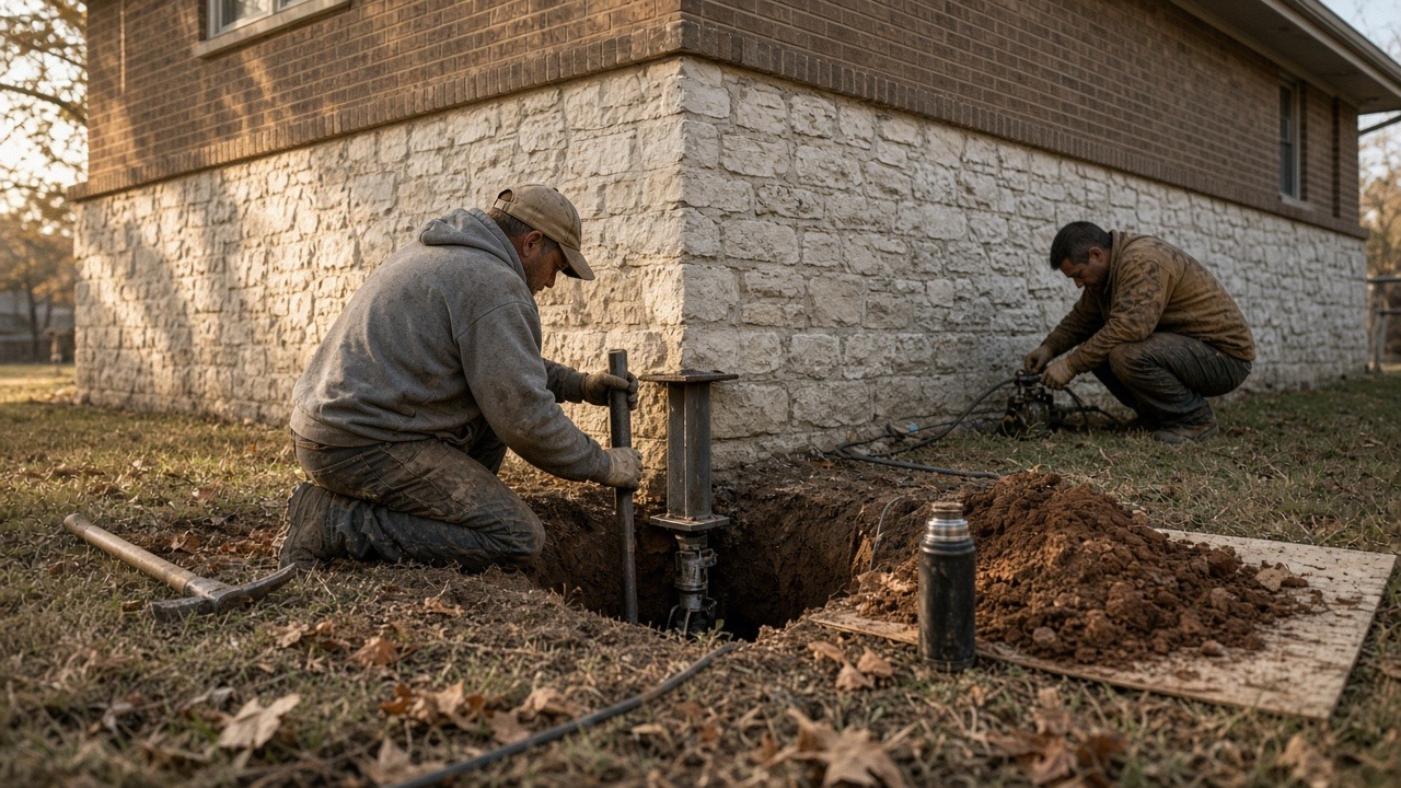 Crew installing piers during foundation repair in Crowley, TX beside a stone and brick home