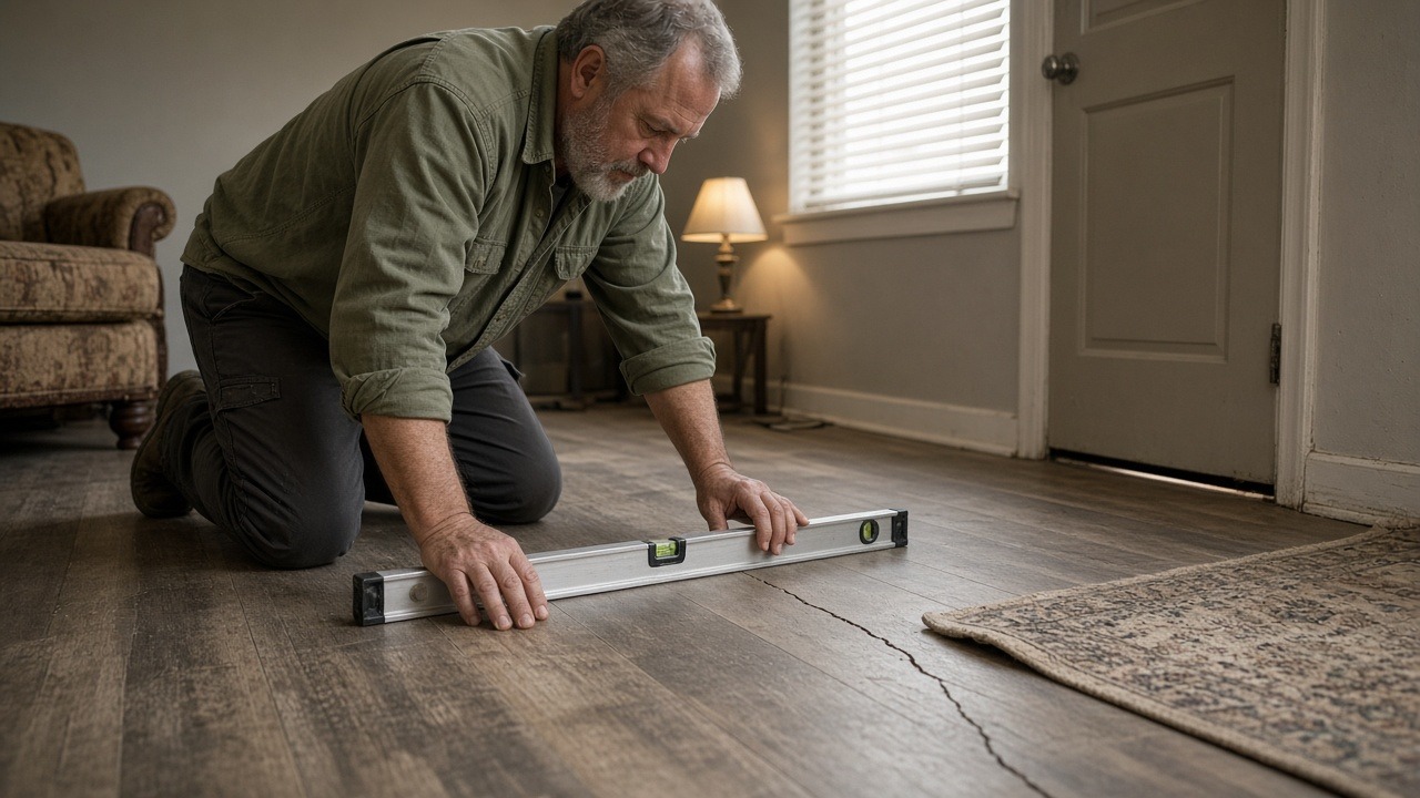 Level across a floor crack, a common warning sign homeowners notice in Crowley