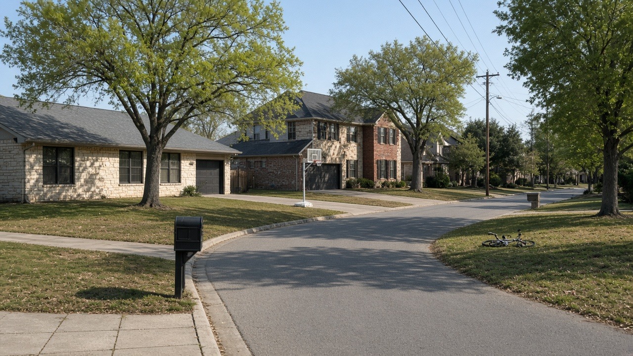 Tree-lined street of brick homes in a neighborhood served for foundation repair in Crowley, TX