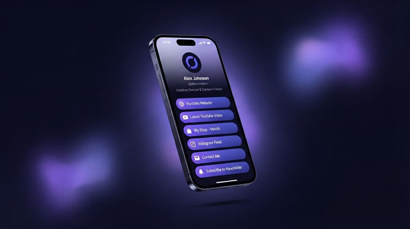 link.omabpo link-in-bio page on a phone with stacked links, logo and analytics