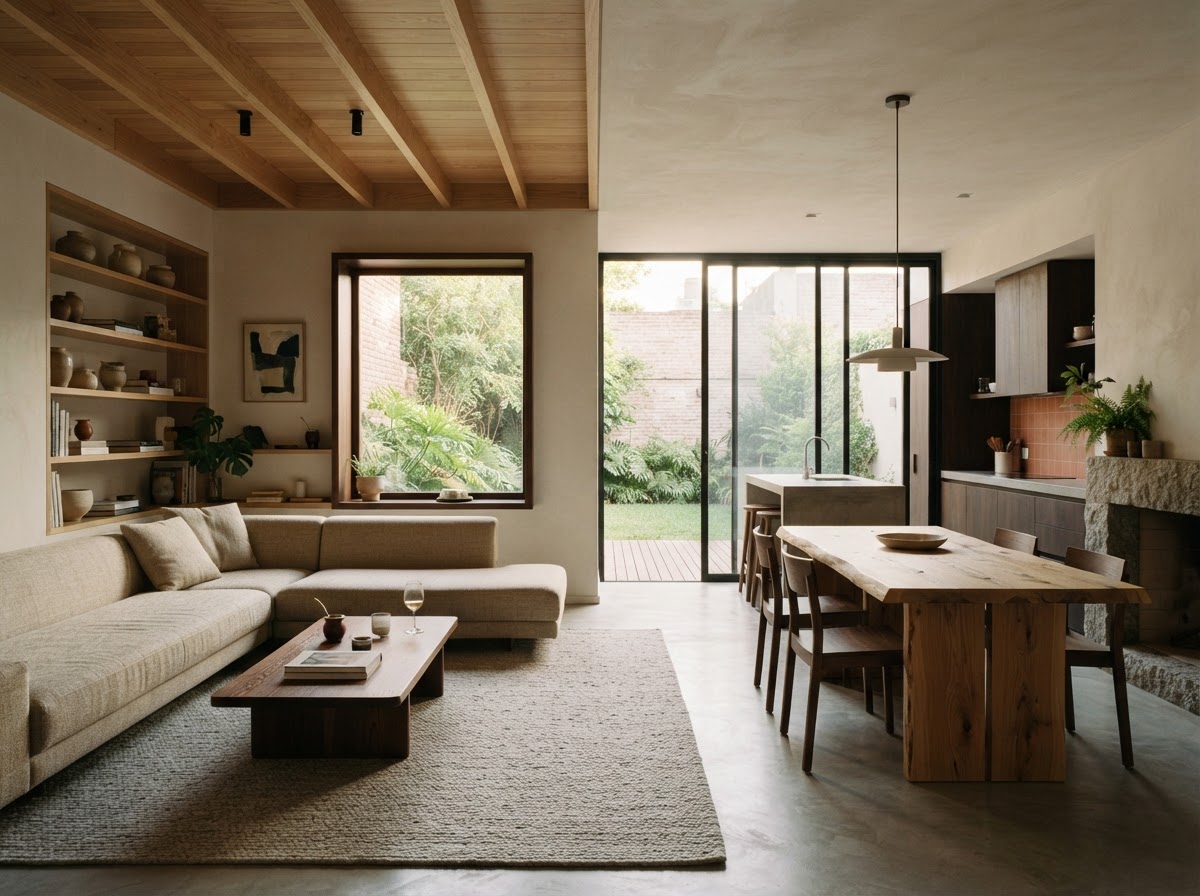 Interior de una vivienda contemporánea con luz natural y materiales cálidos