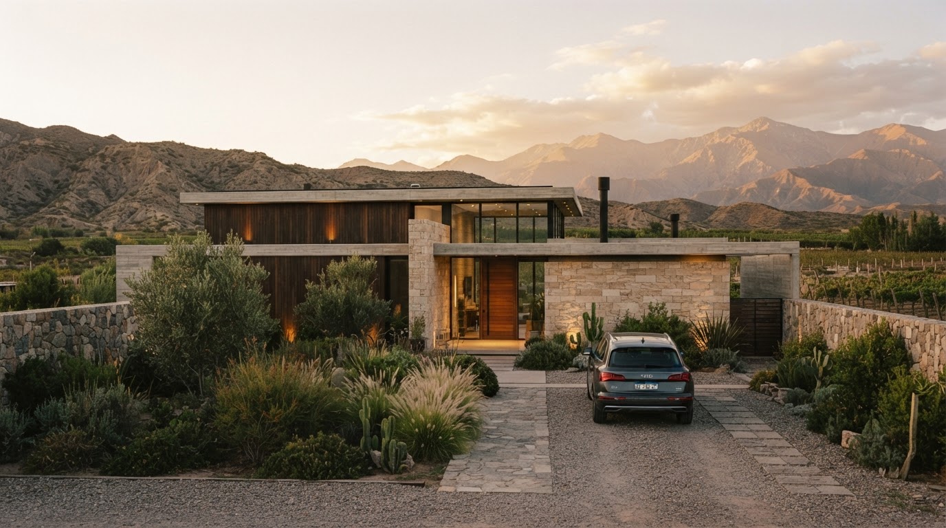 Vivienda contemporánea en Mendoza con un vehículo estacionado al atardecer