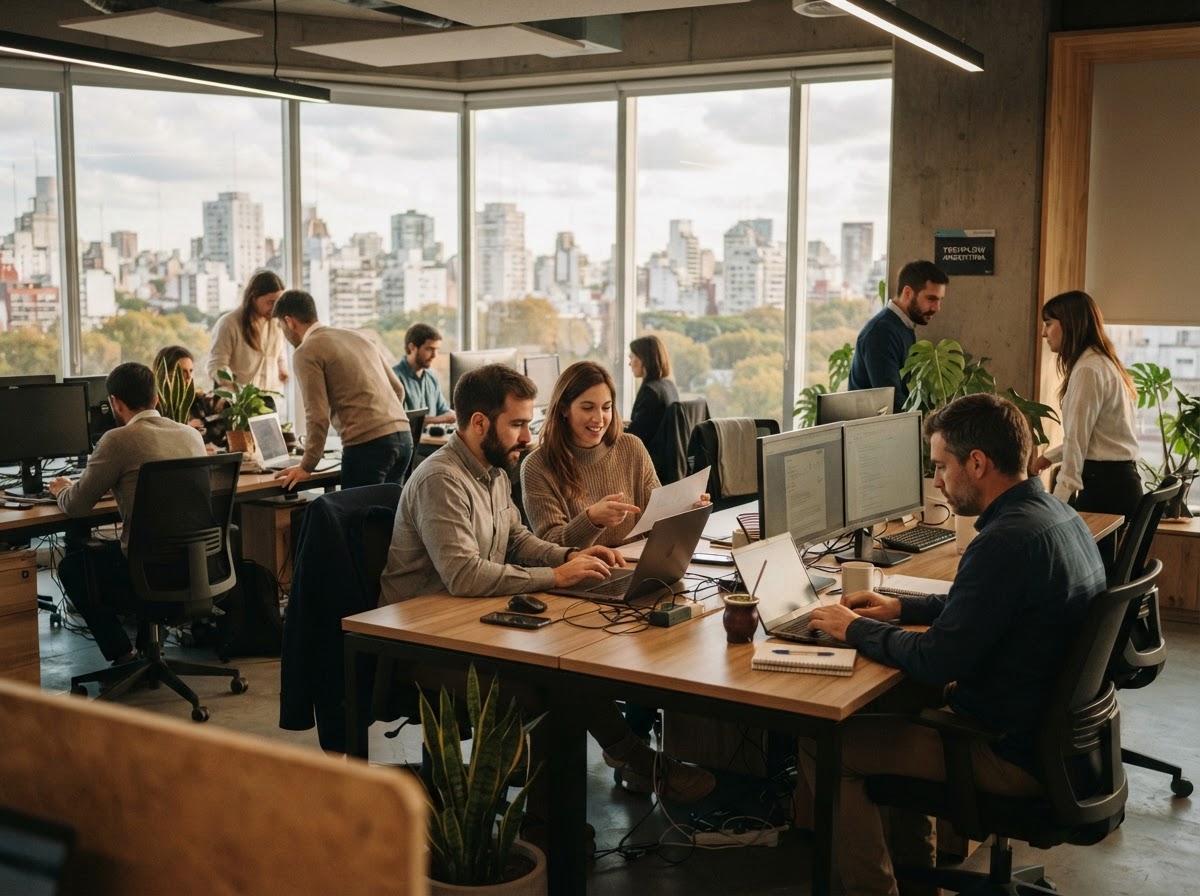 Entorno profesional con personas trabajando naturalmente
