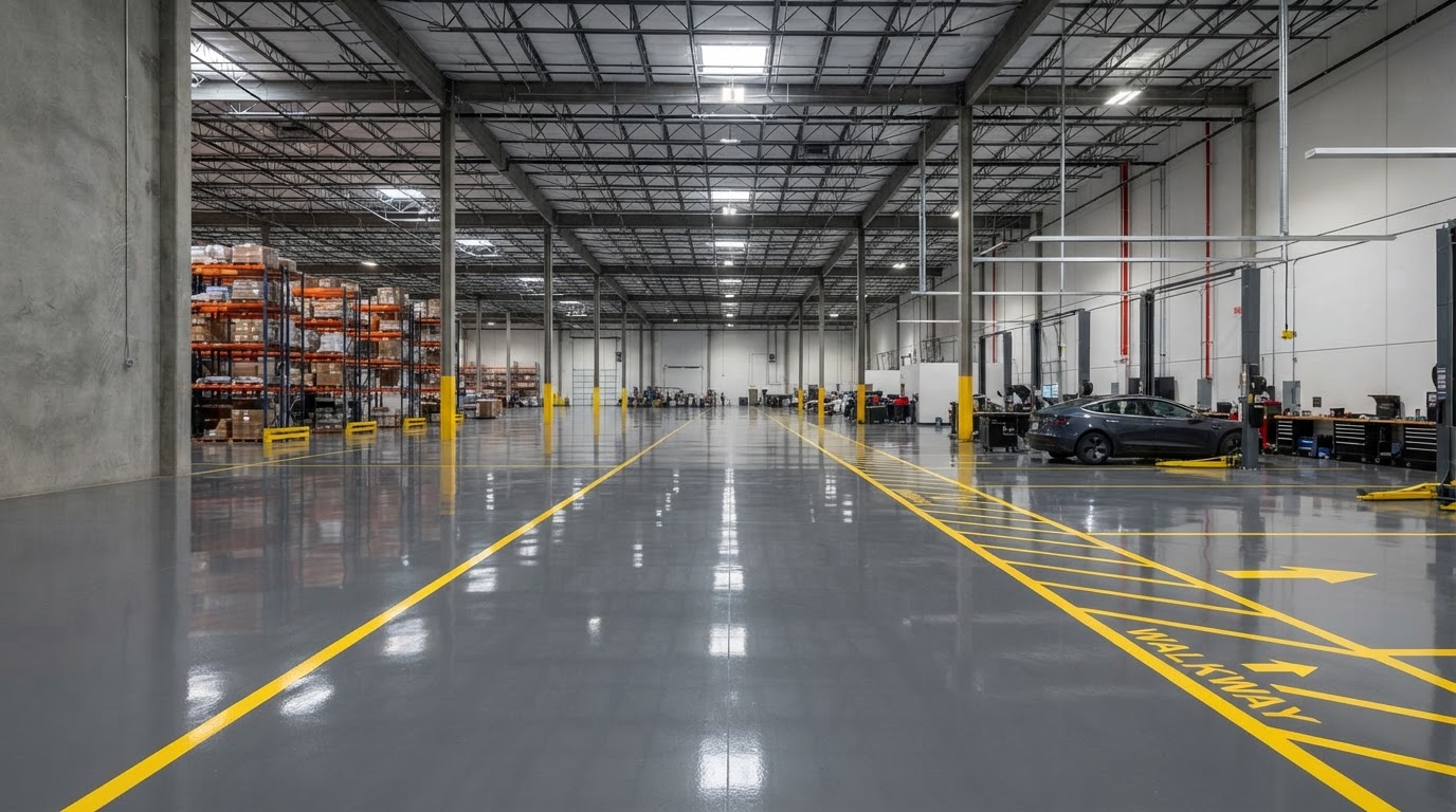Glossy commercial epoxy flooring warehouse