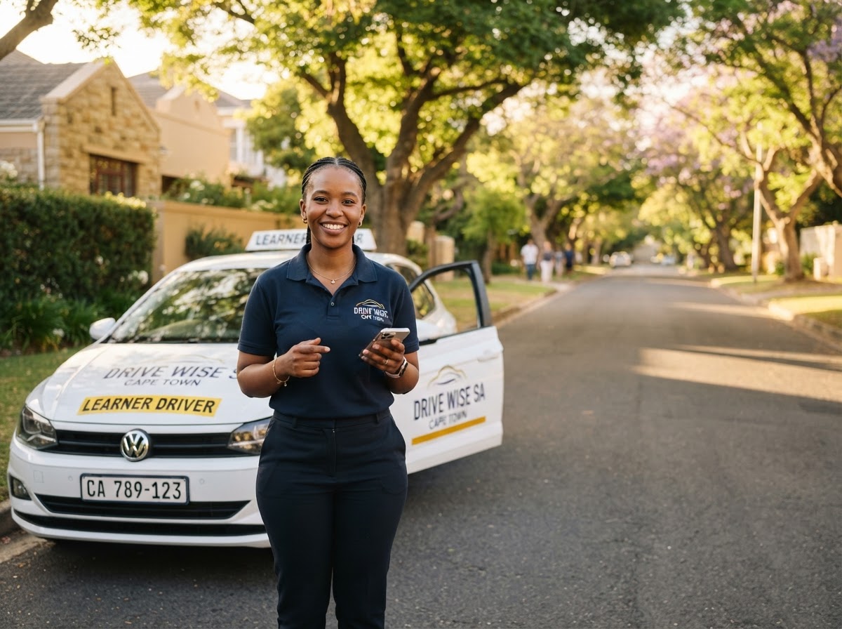 South African driving school instructor with her training car, ready to take bookings