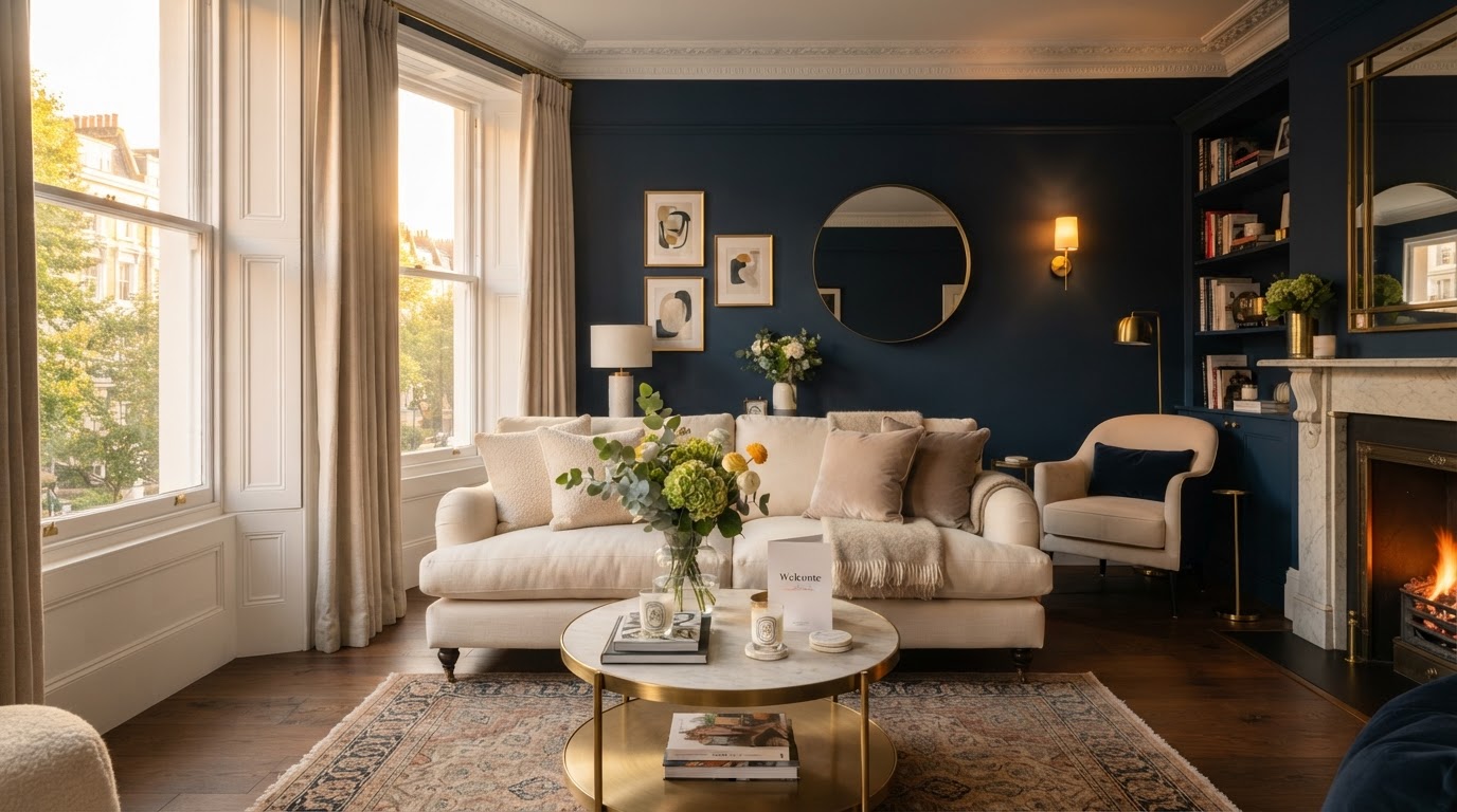 Elegant boutique rental living room at golden hour