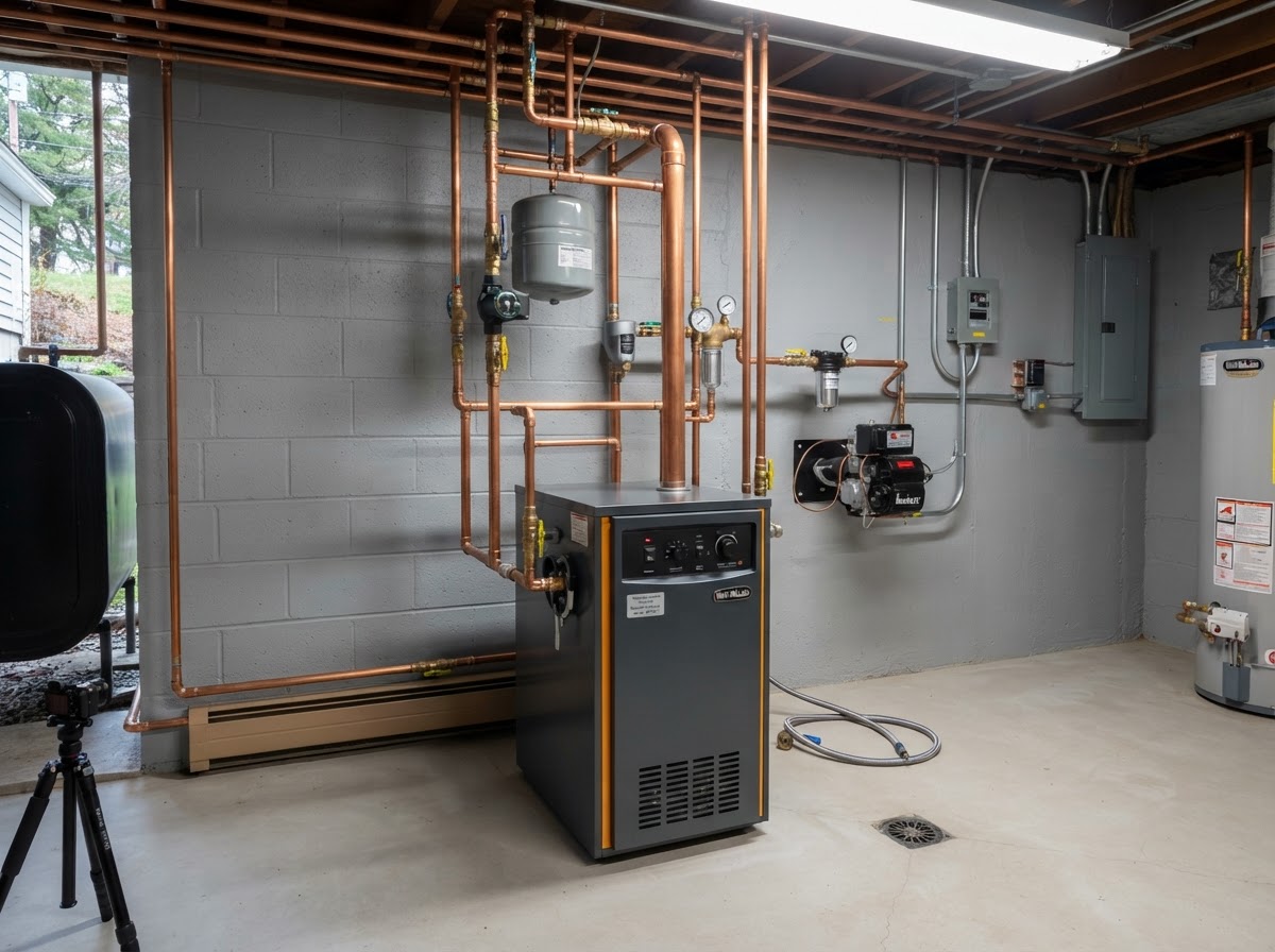 Residential oil-fired boiler installed in a Worcester basement utility room