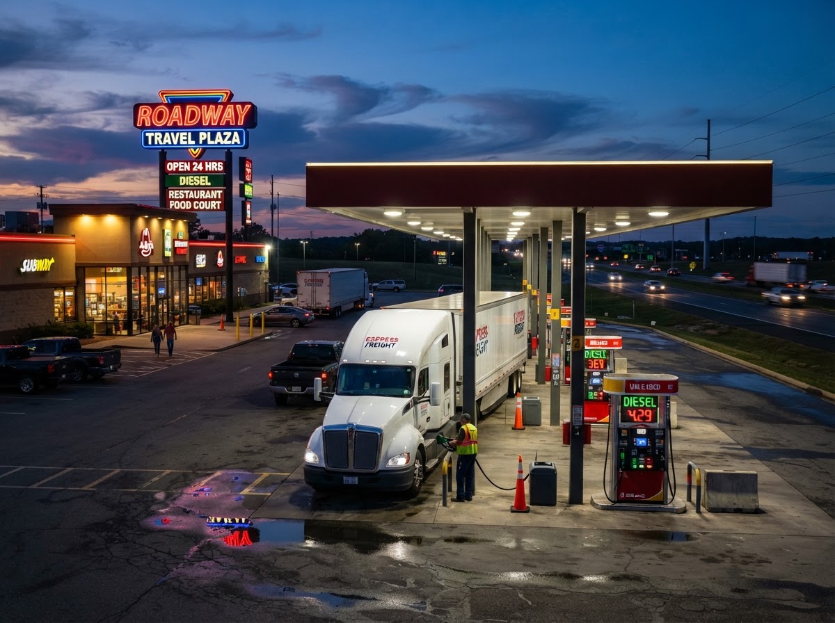 Fuel pumps at a USA Travel Plaza at dusk
