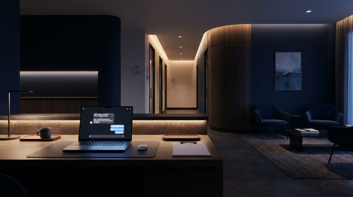 Interior de una clínica médica privada de noche con sistema de respuesta automática activo