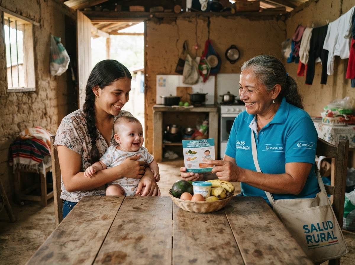 Agente comunitario visitando a una madre y su bebé en el hogar dentro del programa DIMF de la fundación