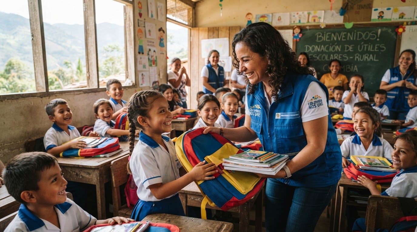 Entrega de kits escolares donados por el BBVA a niños y niñas de la Institución Educativa Skinner de la fundación