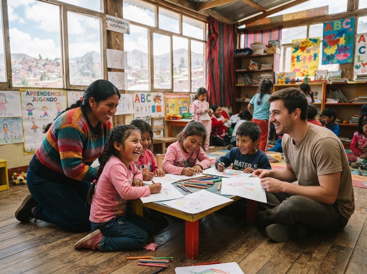 Voluntarios y voluntarias compartiendo con niños en un centro comunitario