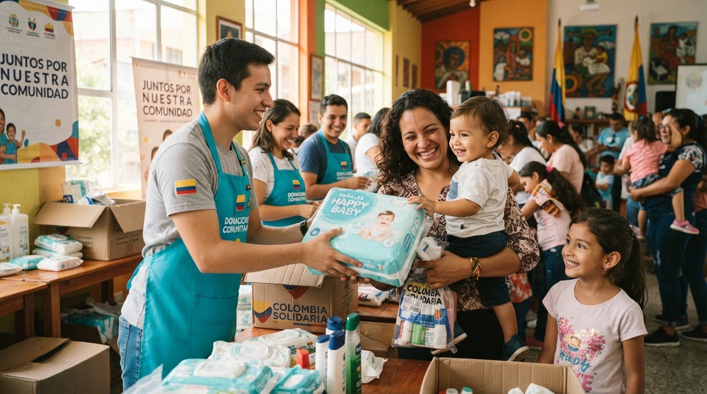 Voluntarios entregando pañales y productos de aseo donados a familias durante la campaña Pañaton de la Fundación Gustavo Martínez Caffyn