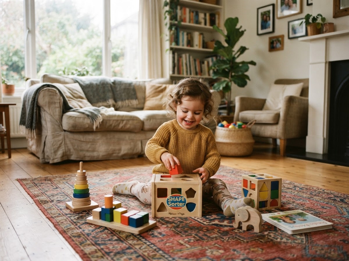 Toddler playing with educational toys at home during ABA therapy