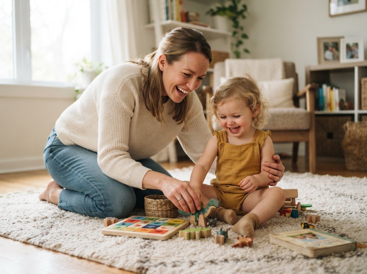Parent playing with their small child on a soft rug