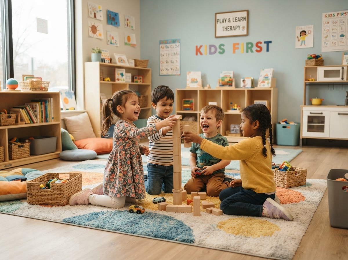 Small children playing together in a clinic play area