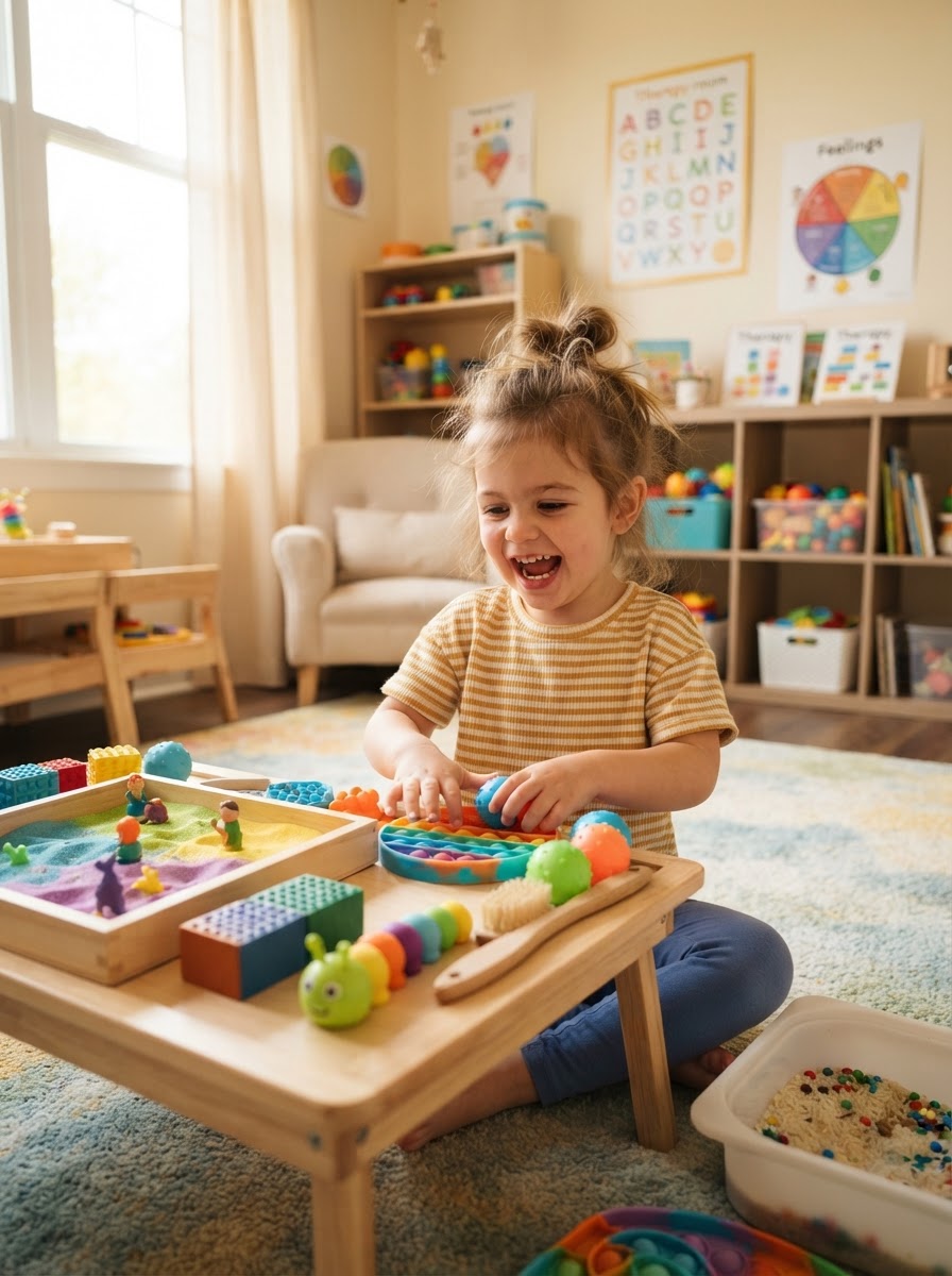 Small child laughing while playing with sensory toys at Cross River Therapy