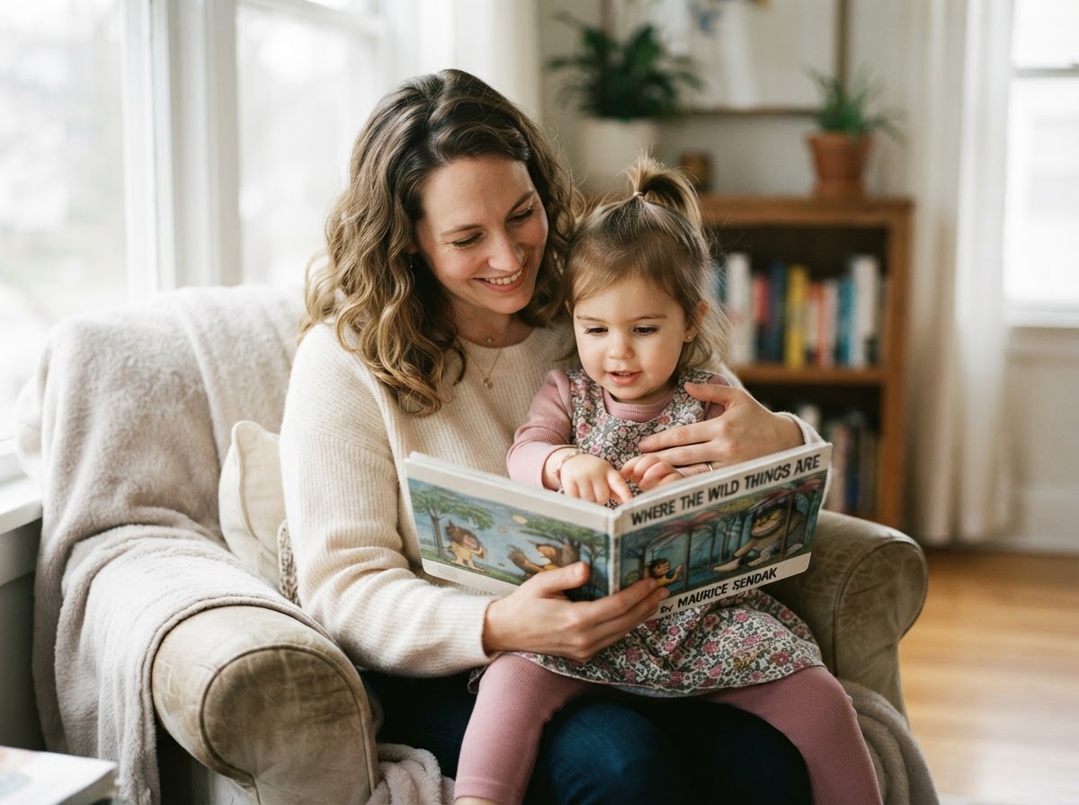 Caregiver reading a picture book with a small child at Cross River Therapy