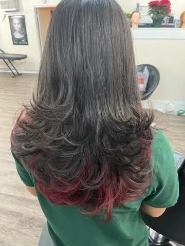Cascading Butterfly Layers with Deep Crimson Ombré Ends