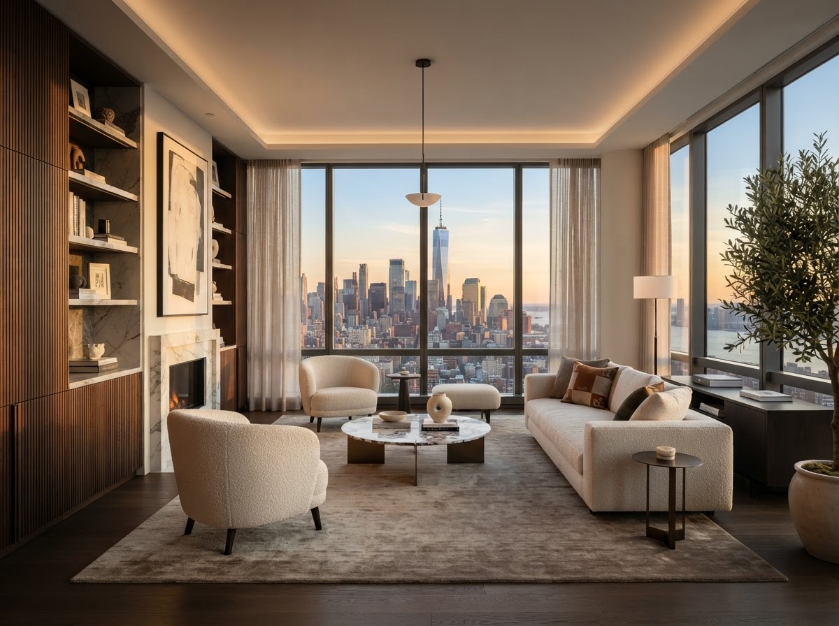 Sophisticated luxury modern living room with floor-to-ceiling windows and a city skyline view