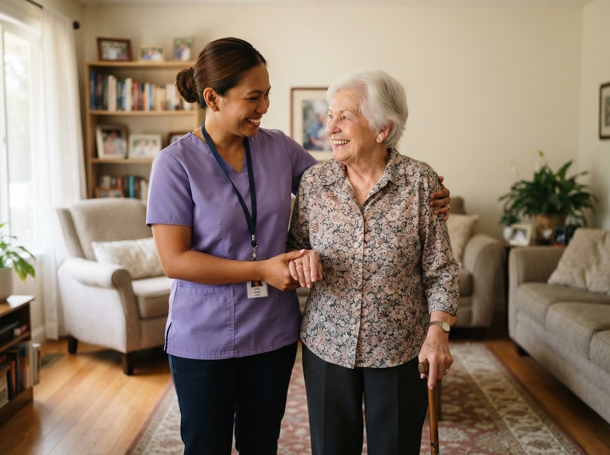 Filaneed compassionate caregiver assisting a smiling senior at home