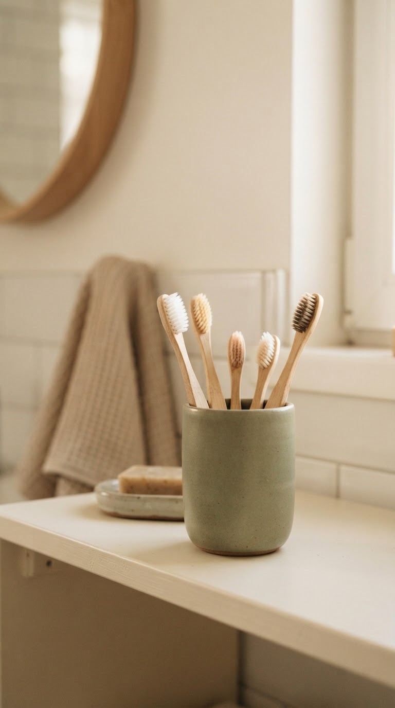 Soft family oral-care scene with toothbrushes in a sage cup