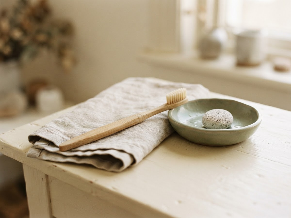 Editorial still life of a wooden-handled toothbrush on linen