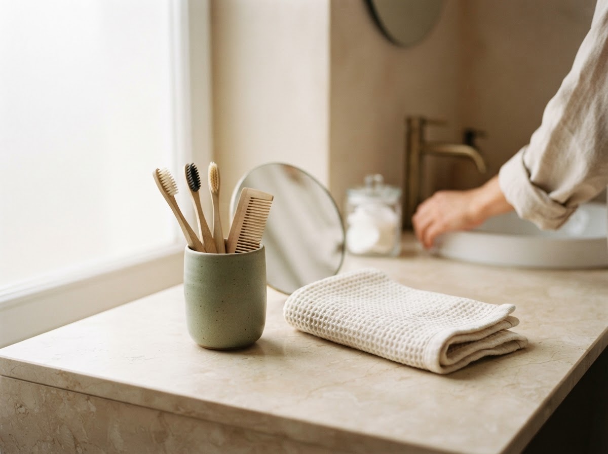 Editorial still life of family toothbrushes in a sage ceramic cup