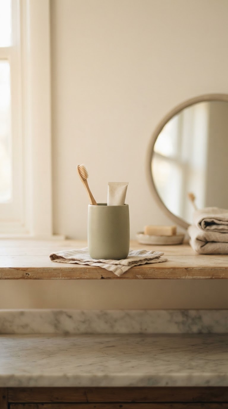 Soft oral-care scene with a sage ceramic cup and toothbrush