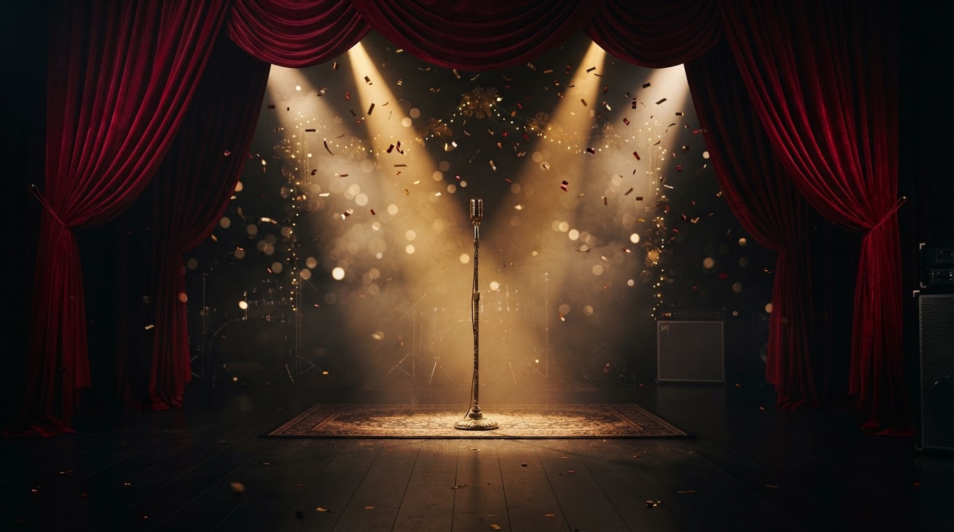 BonBon Holiday Bash stage atmosphere — deep red curtains and golden spotlights