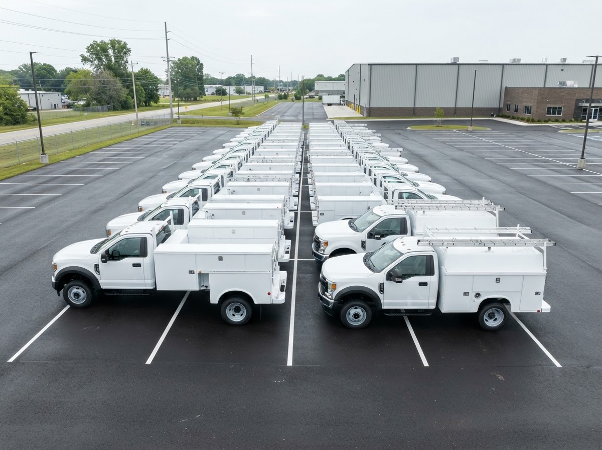 A fleet of clean white work trucks lined up in a lot on a bright overcast day