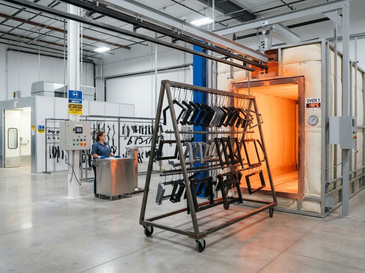 Metal parts on rolling racks entering a powder coating curing oven in a clean Bay Area shop