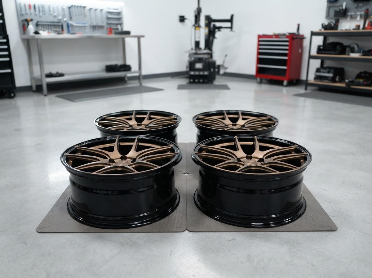 A set of four freshly powder-coated automotive wheels in gloss black and bronze finish arranged in a clean shop