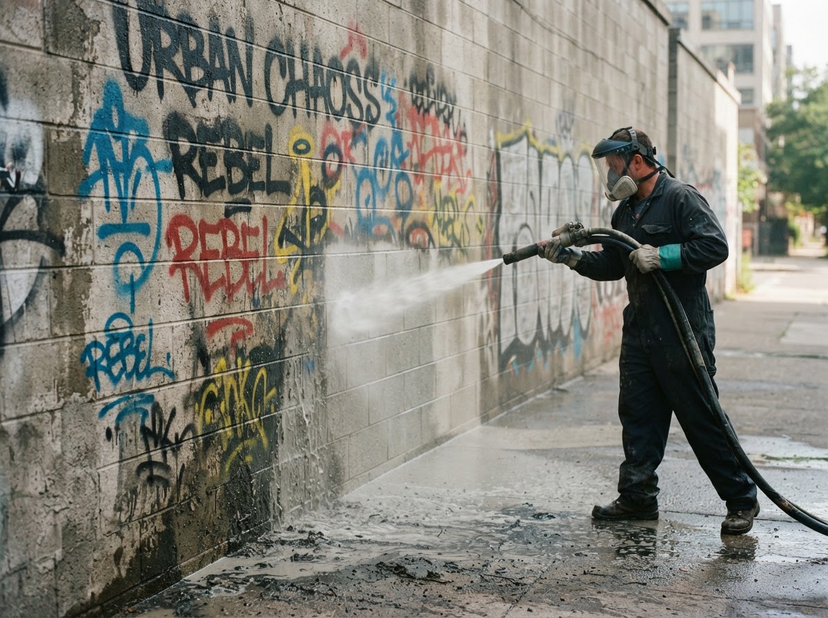 Graffiti being removed from a plain concrete block wall using wet abrasive blasting