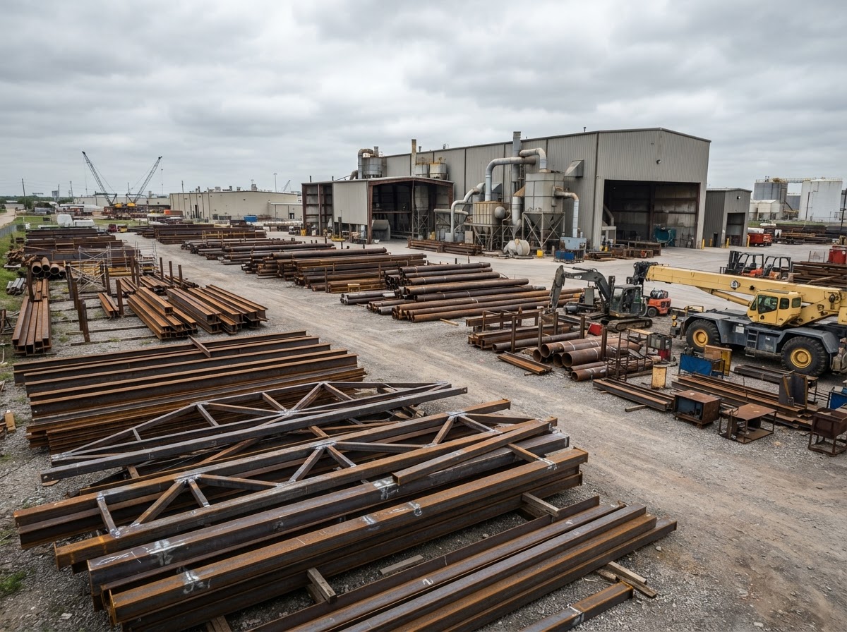 Structural steel beams, pipe and heavy industrial equipment in a large yard waiting to be blast-cleaned and coated