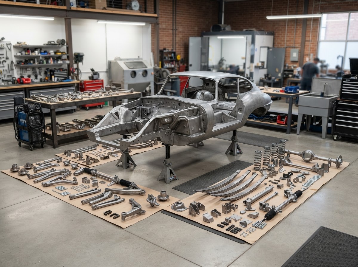 A classic car restoration project with a bare metal chassis and suspension parts laid out in a clean shop
