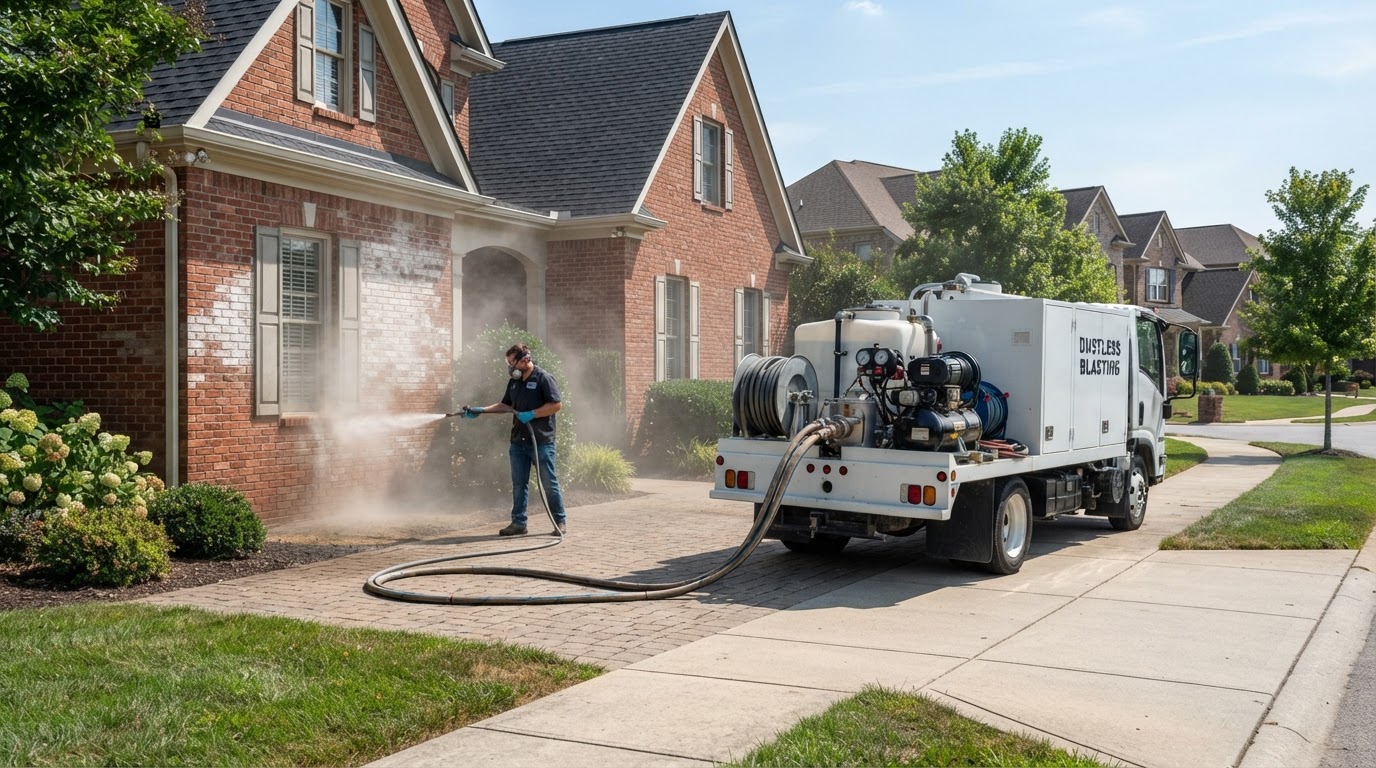 A mobile dustless blasting rig truck parked outside a brick suburban home with blasting equipment set up