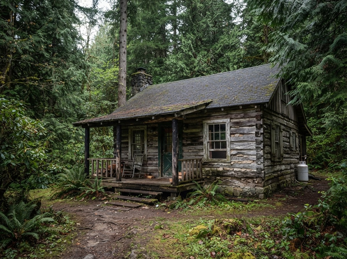 A log cabin home in a wooded setting with weathered wood exterior needing restoration