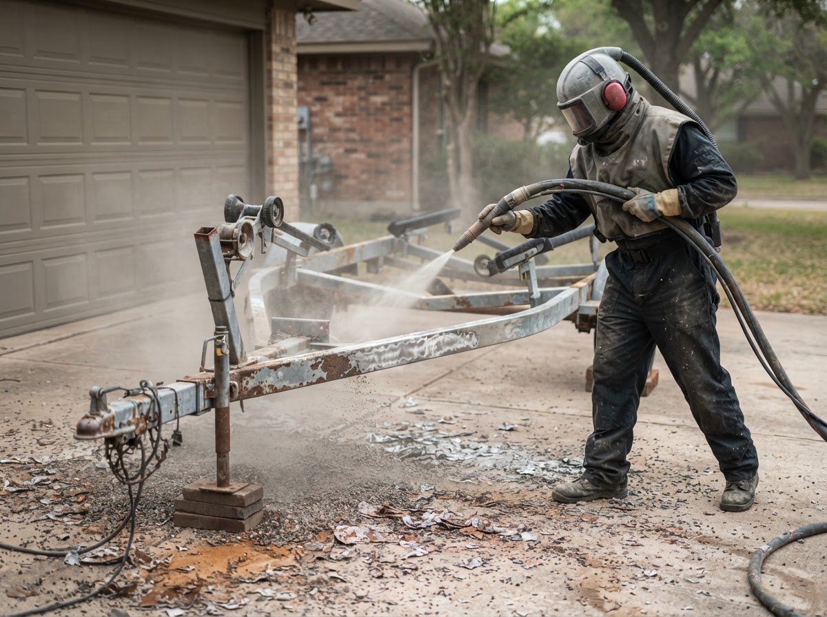 A boat trailer being abrasive blasted to remove old paint and rust, bare metal showing through