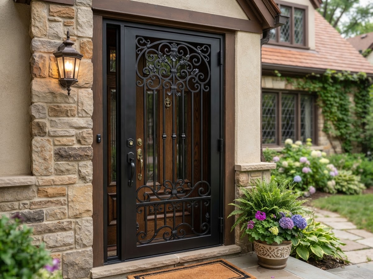 A black wrought iron security door with decorative scrollwork freshly powder coated at a home entrance