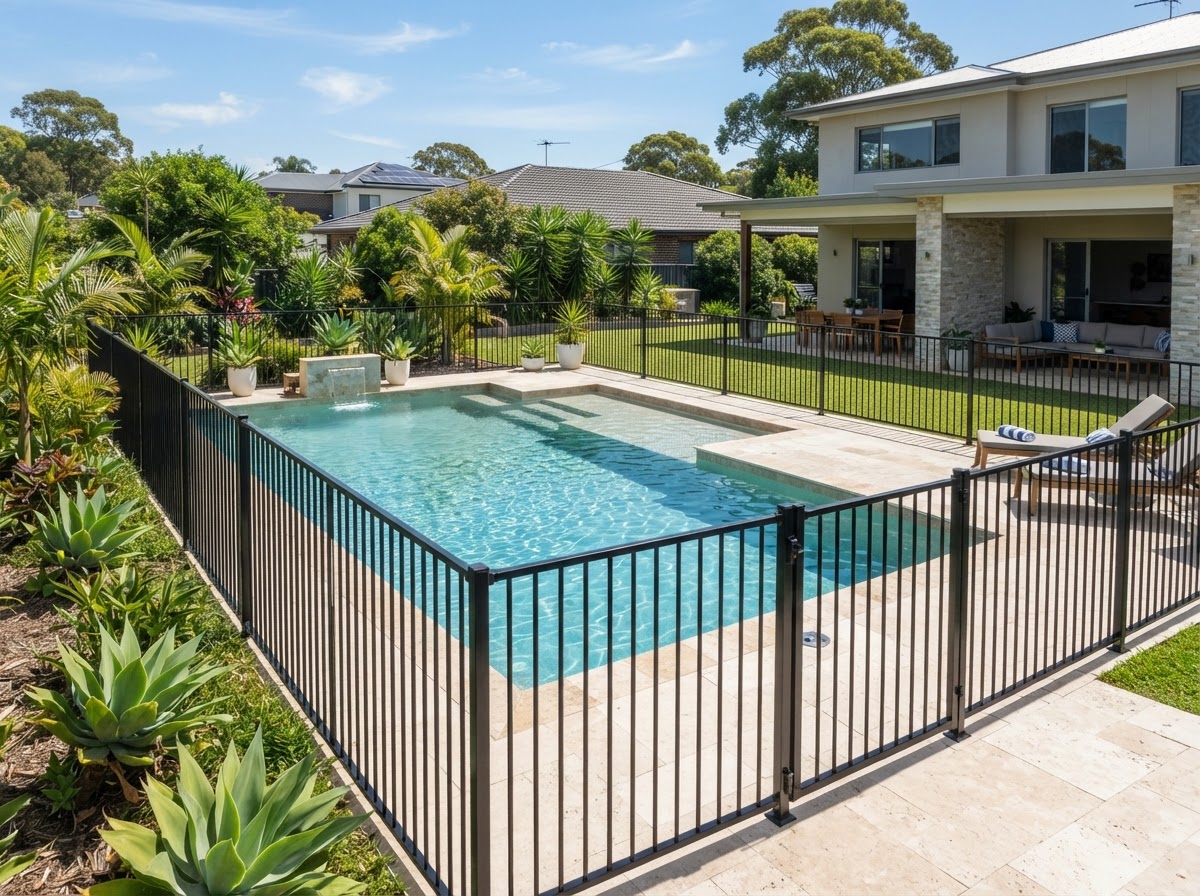 A black metal pool safety fence surrounding a suburban swimming pool on a sunny day