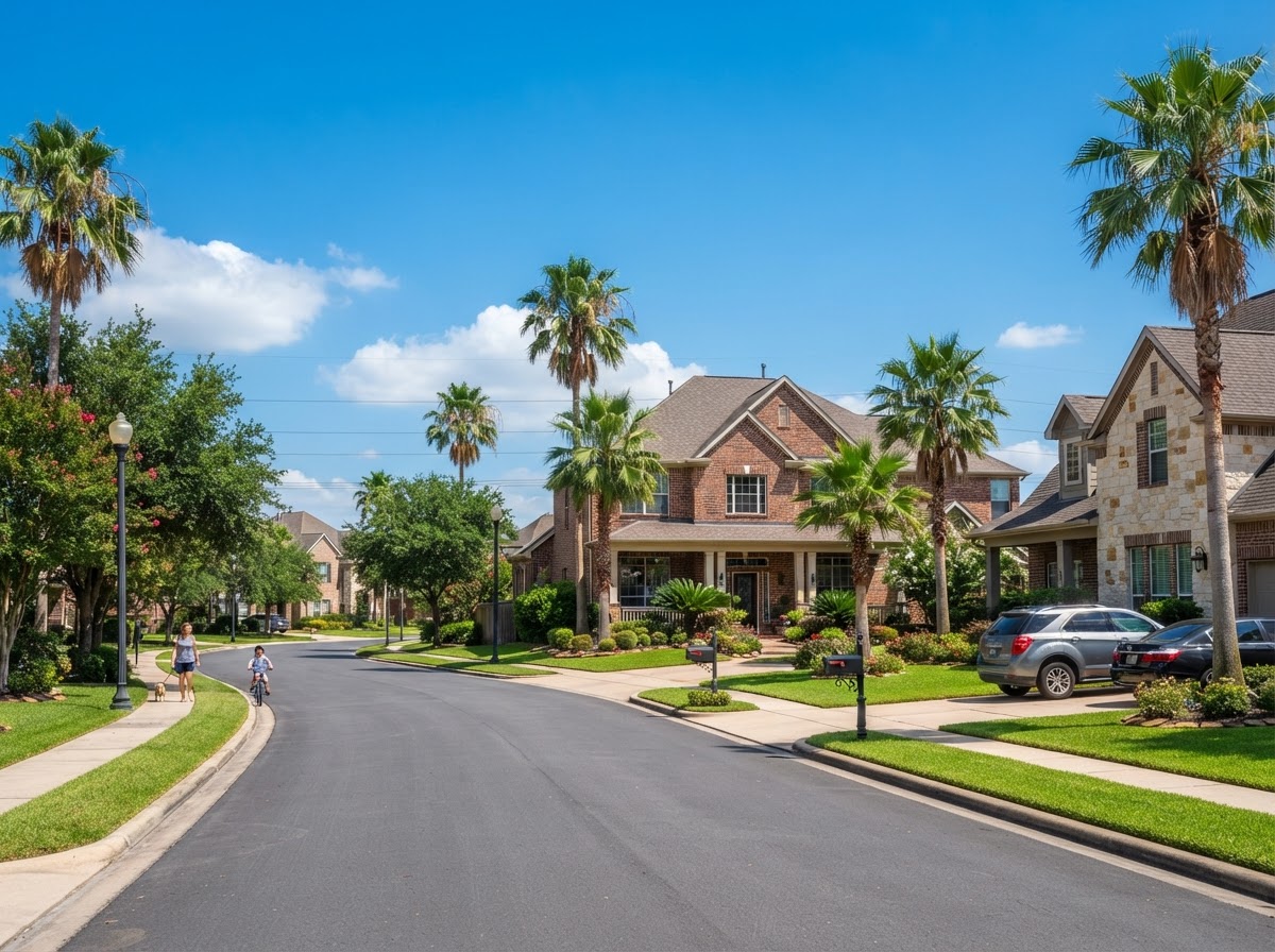 A well-kept Pearland neighborhood with homes and palm trees under a blue sky