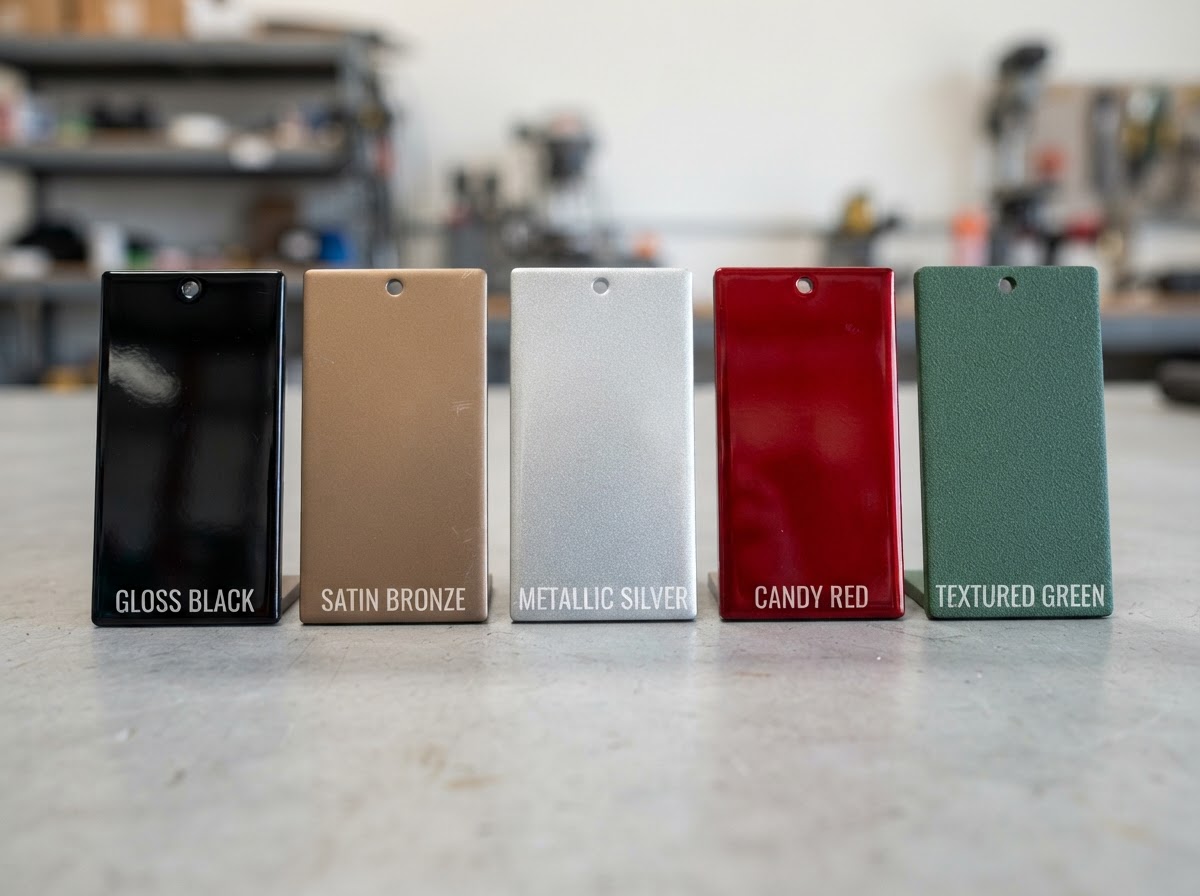 Powder coating color samples on metal panels showing gloss, satin, metallic and textured finishes