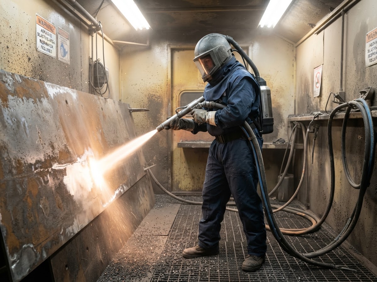 A blaster in full protective gear working inside a blast booth