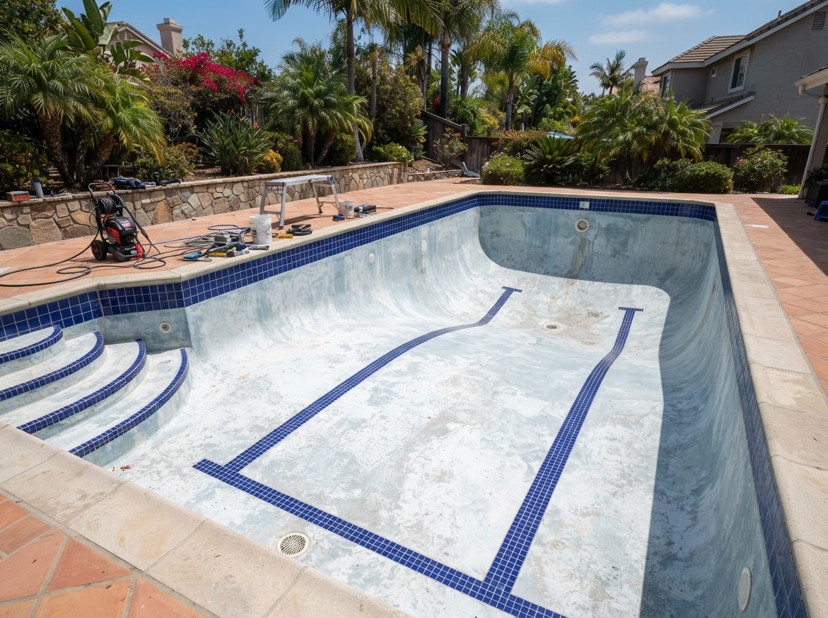 A drained swimming pool with clean bright tile lines visible before resurfacing work