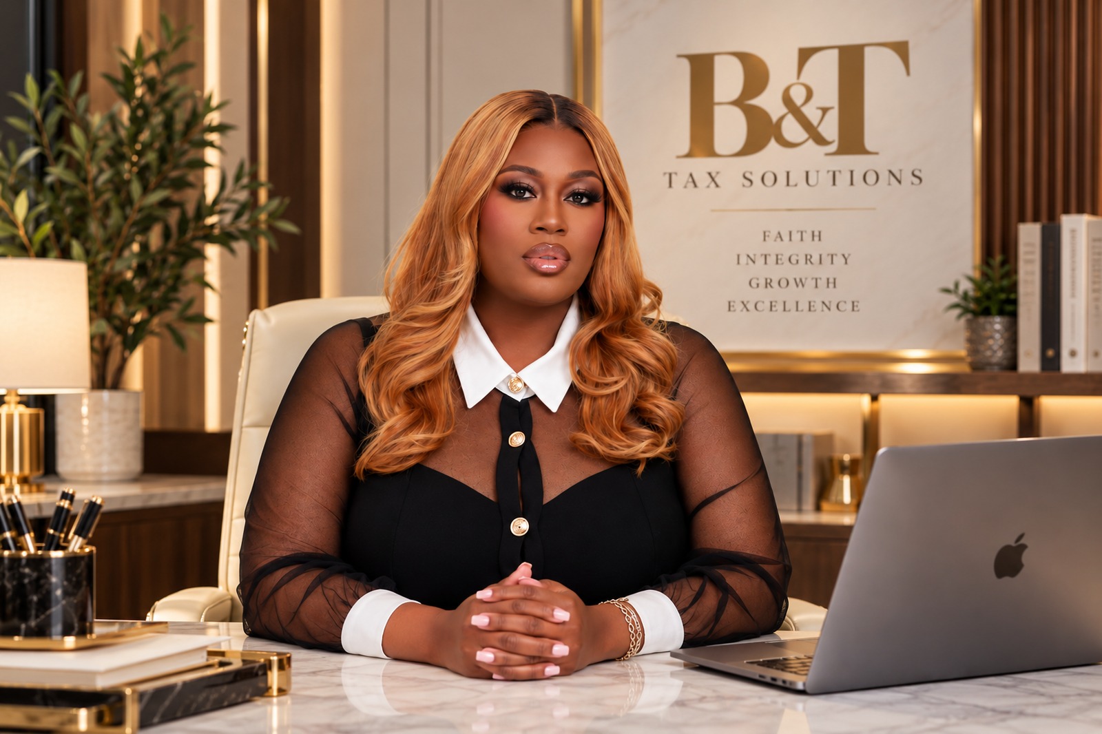 Dr. Brooklyn Toles at her office desk, Founder of B&T Tax Solutions