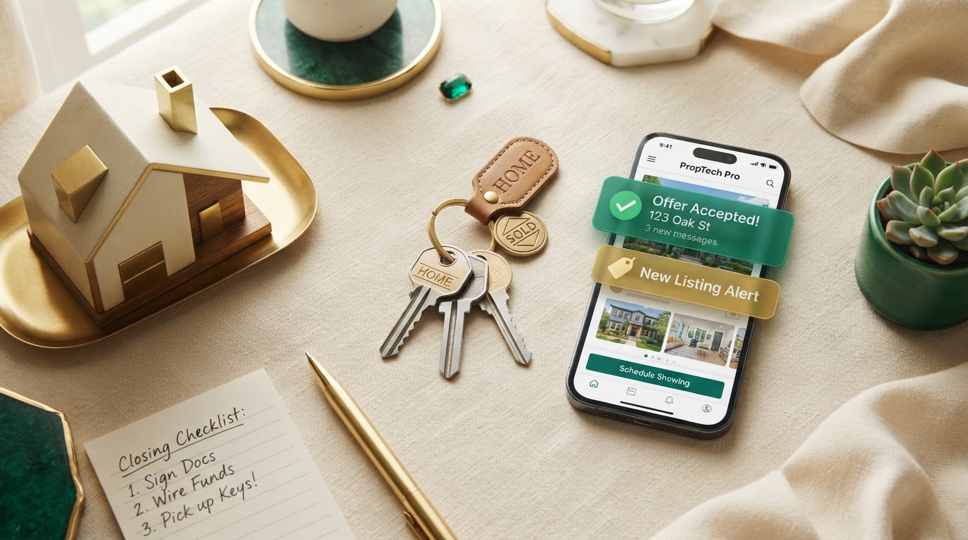 Real estate marketing and technology concept with house keys, a smartphone and a model house