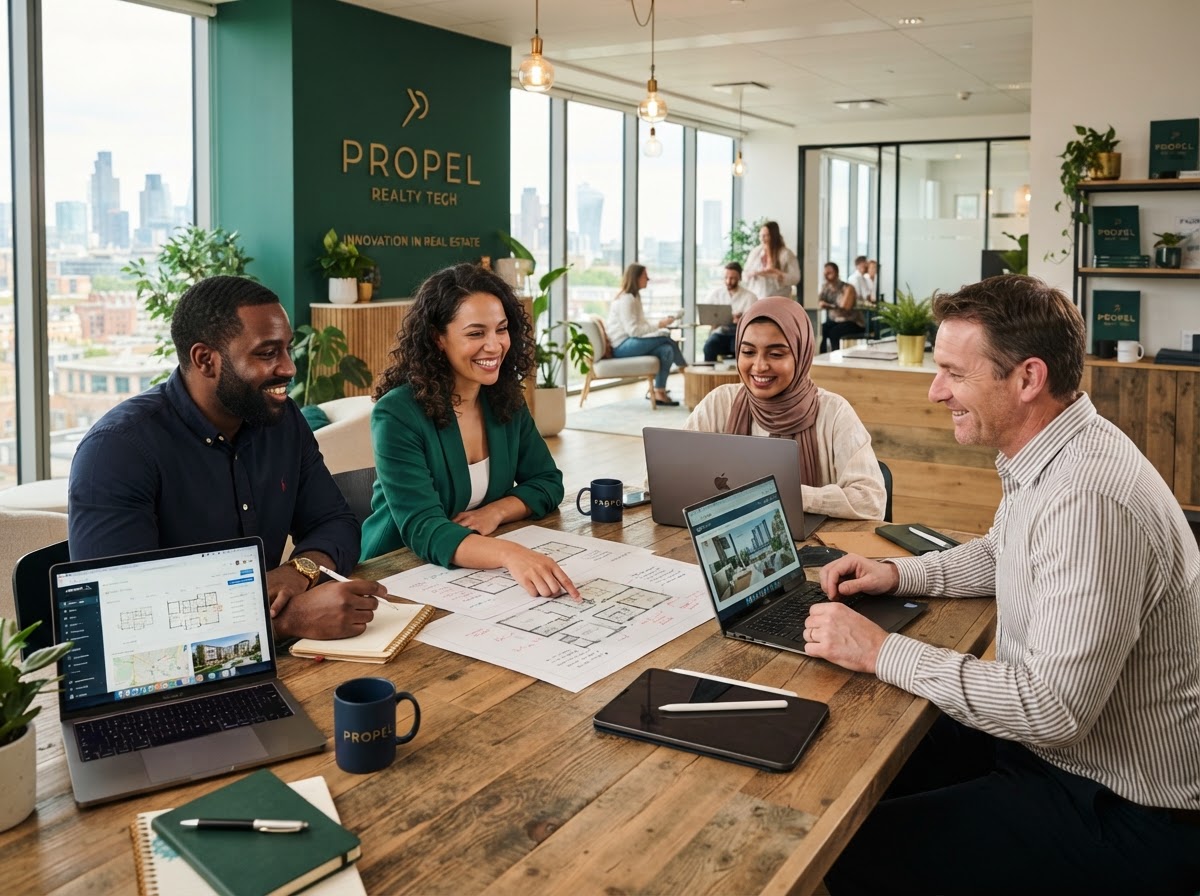 Best CRM for Real Estate team collaborating on a custom real estate CRM setup in a modern office