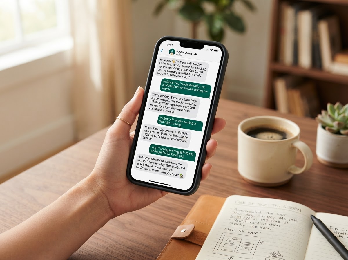 Smartphone showing an automated text-message follow-up conversation for a real estate lead