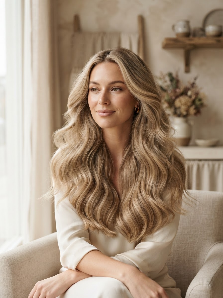 Editorial fine hair extensions result in soft dimensional blonde